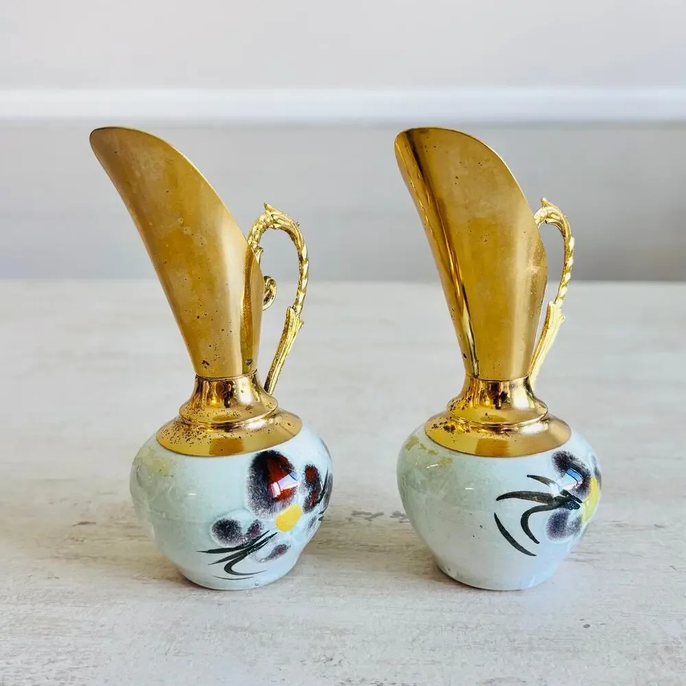 French Floral Ceramic Ewer Pair Gold Gilt Doré à l'Or Fin Made France